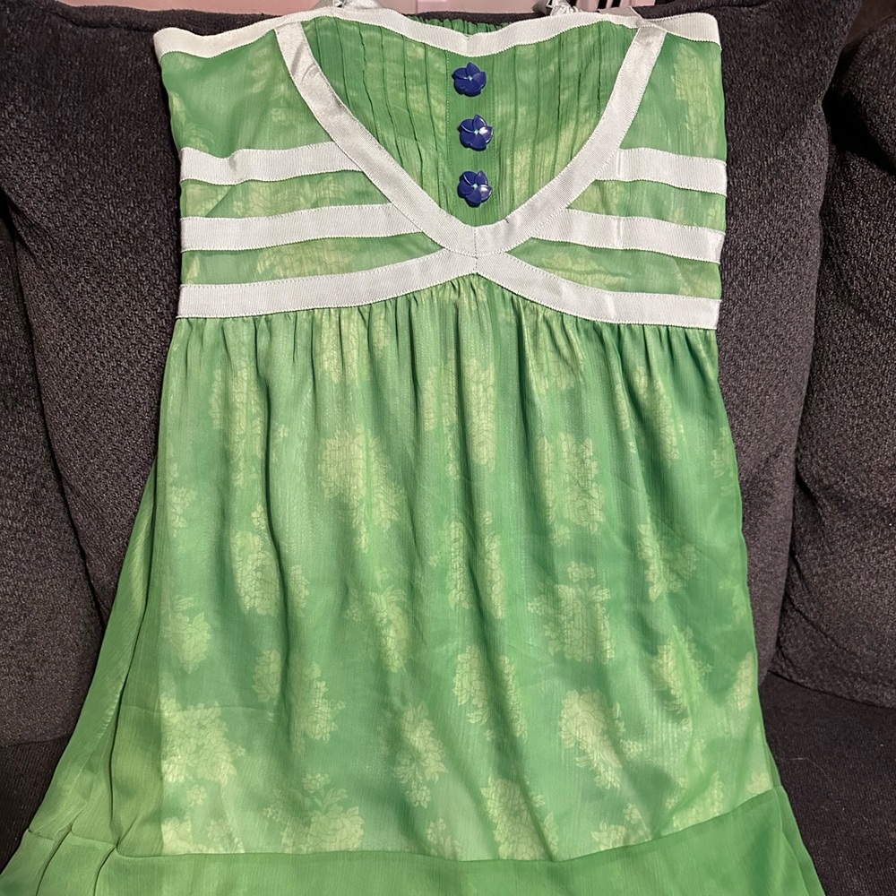 Green Sleeveless Dress with Blue Buttons